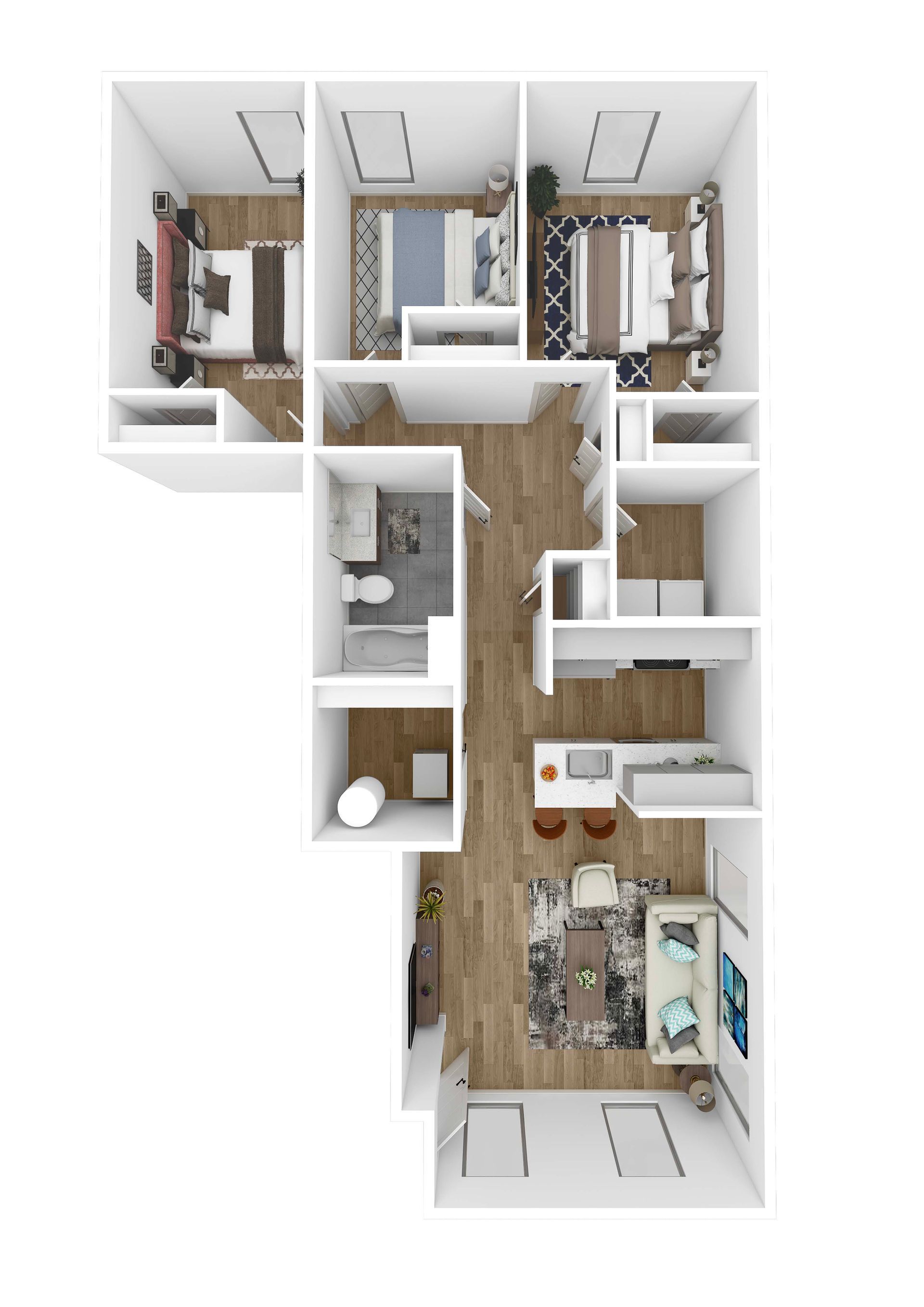 3D floor plan of a small apartment with living room, kitchen, bathroom, and three bedrooms