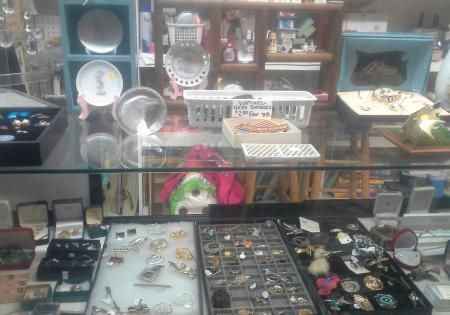 antiques in display case
