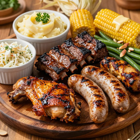 Salchichas a la parrilla, pollo, costillas, maíz, judías verdes, ensalada de col y puré de patatas en una fuente de madera.