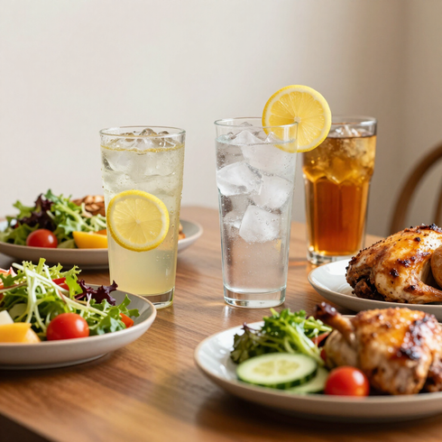 Variedad de bebidas, ensaladas y pollo asado sobre una mesa de comedor en un ambiente luminoso.