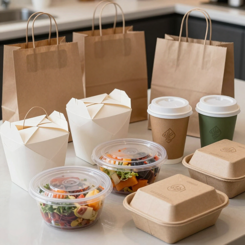 Comida para llevar dispuesta sobre una encimera con bolsas de papel, vasos de café y recipientes para ensalada.