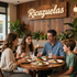 Cena familiar en el restaurante Ricazuelas, con platos de comida y una cálida decoración con paneles de madera.