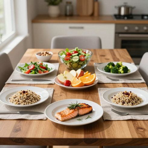 Una comida saludable servida sobre una mesa de comedor de madera con salmón, ensaladas, fruta, brócoli y cuencos de cereales.