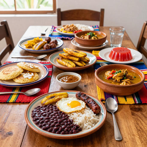 Mesa repleta de una variedad de platos para el desayuno, incluyendo arroz con frijoles, plátanos, fruta y tazones de guiso.