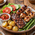 Filete a la parrilla, salchicha, brochetas de pollo, patatas, judías verdes.