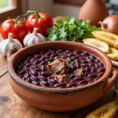 Cacerola de barro con estofado de frijoles negros, tomates, ajo, hierbas y maíz sobre una mesa rústica.