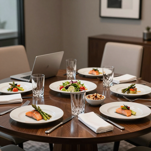 Mesa de comedor puesta con platos de salmón, ensalada, vasos y servilletas en un comedor moderno.