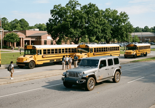 Silver Jeep Wrangler driving through a school zone near students and school buses