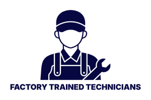 A dark blue icon of a technician in a cap and uniform holding a wrench, with the text