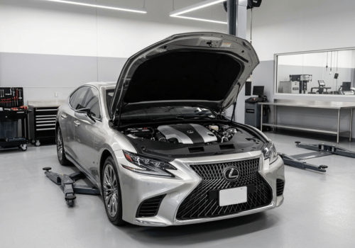 Silver Lexus sedan inside a clean, modern auto repair shop with the hood open