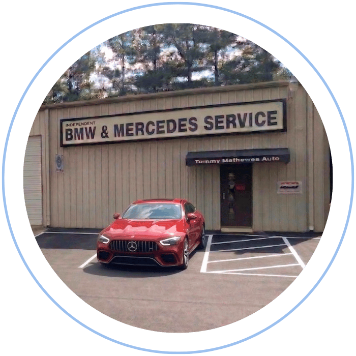 Mercedes-Benz sedan parked outside Tommy Mathewes Auto Repair