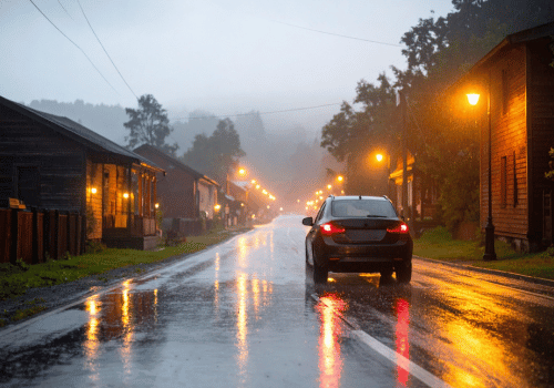 Car driving on a wet residential street at dusk with rain falling and streetlights reflecting.
