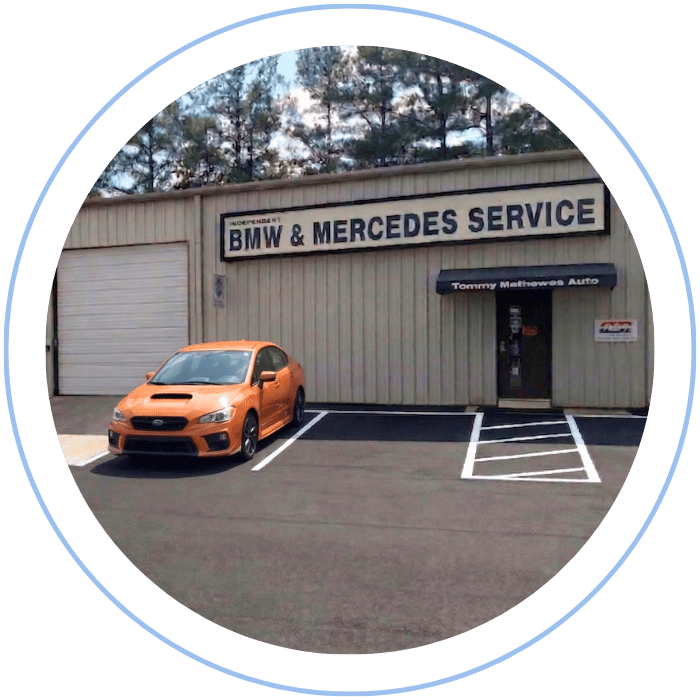 Subaru WRX parked outside Tommy Mathewes Auto Repair