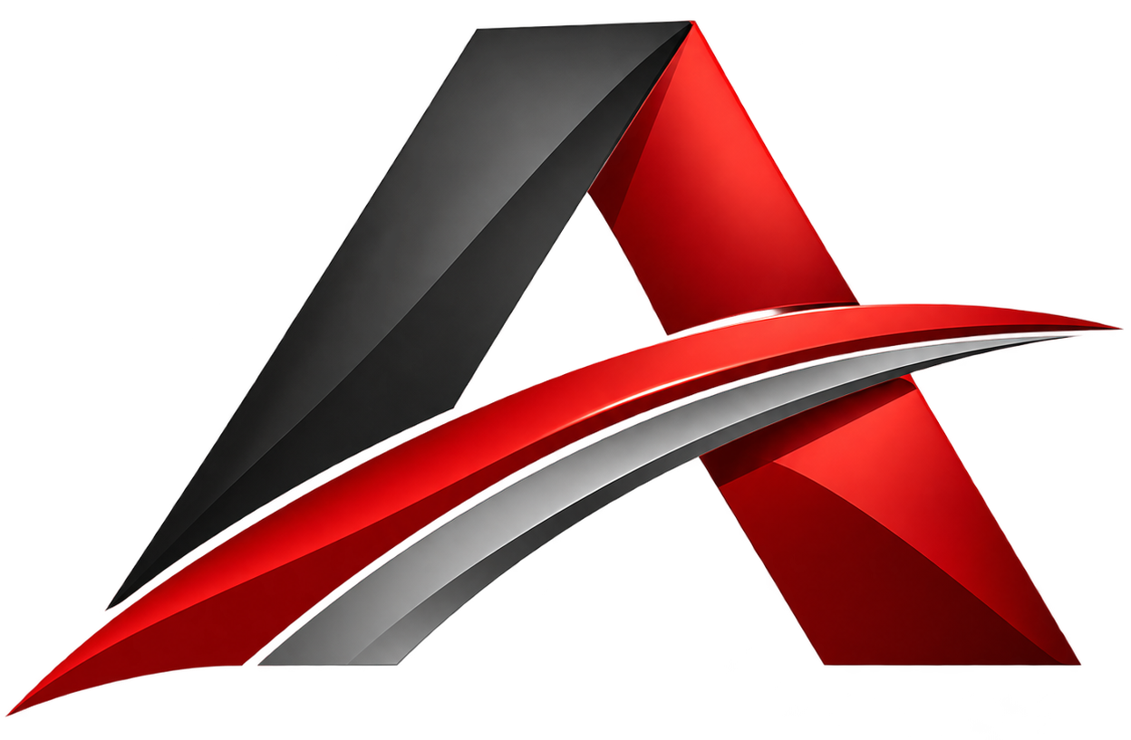 Abstract red, black, and silver stylized letter A logo on a white background