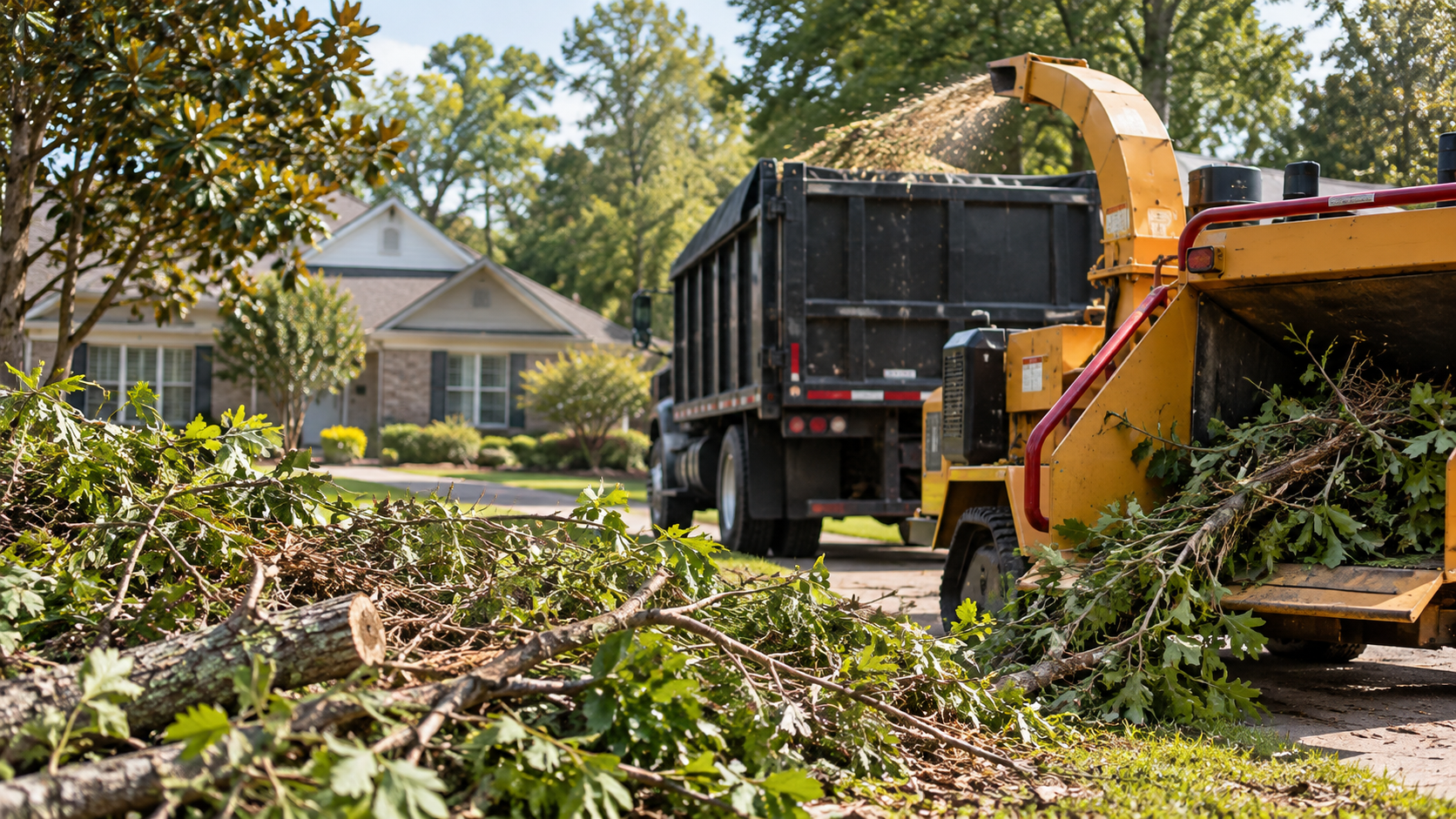Yellow wood chipper loading branches into a black dump truck in a suburban yard.