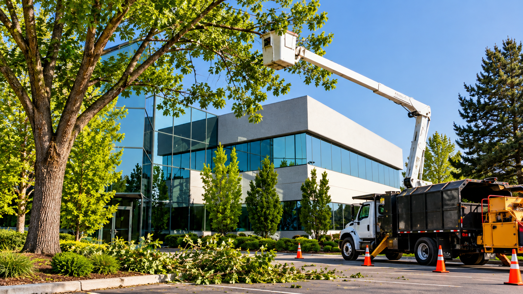 Utility truck working outside a modern glass office building with a bucket lift and orange cones