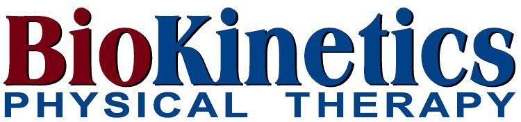 The logo for biokinetics physical therapy is red and blue.
