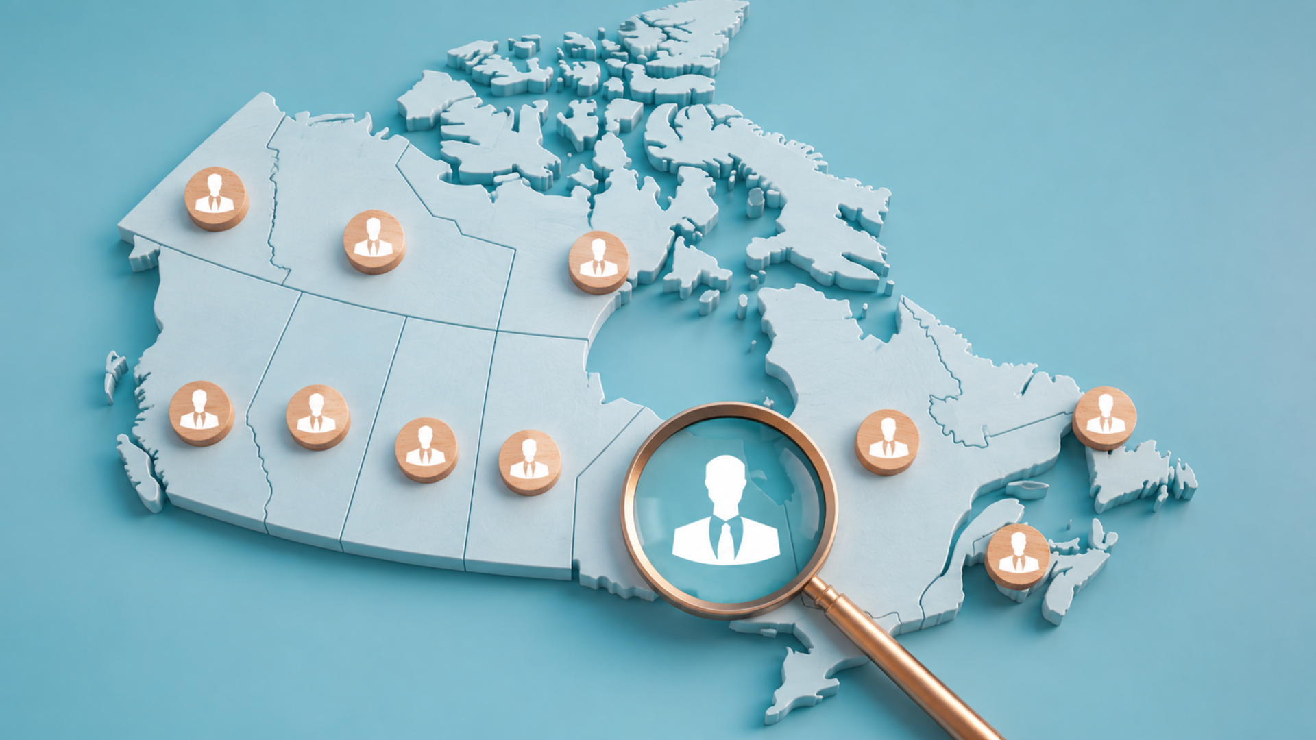Map of Canada with user icons and a magnifying glass highlighting a person marker on the east coast