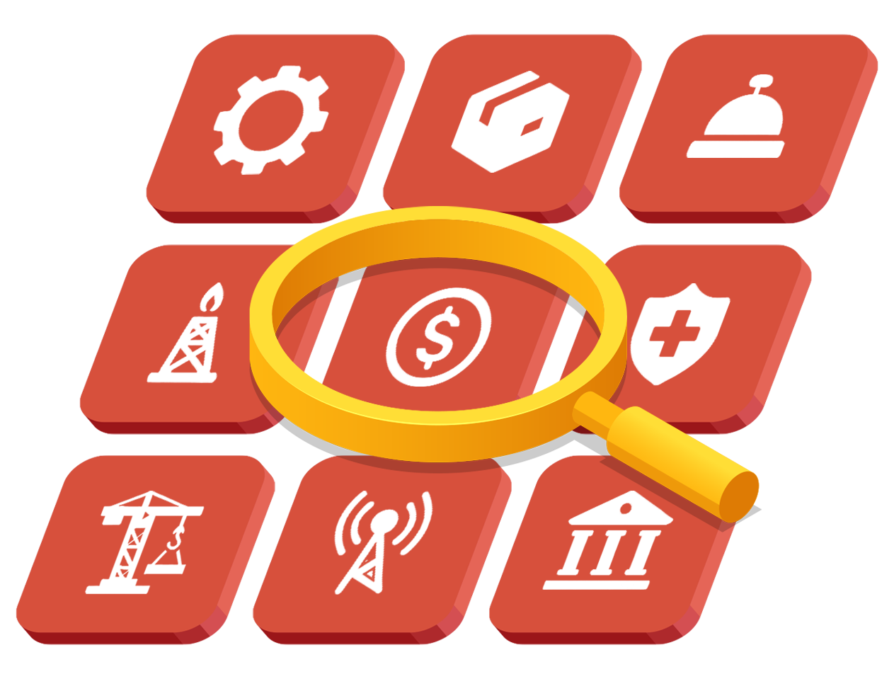 Magnifying glass over a dollar sign icon, surrounded by red industry icons.