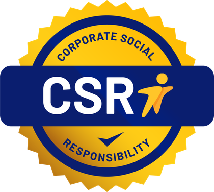 Gold and blue CSR badge with a stylized person icon, text “CORPORATE SOCIAL RESPONSIBILITY.”