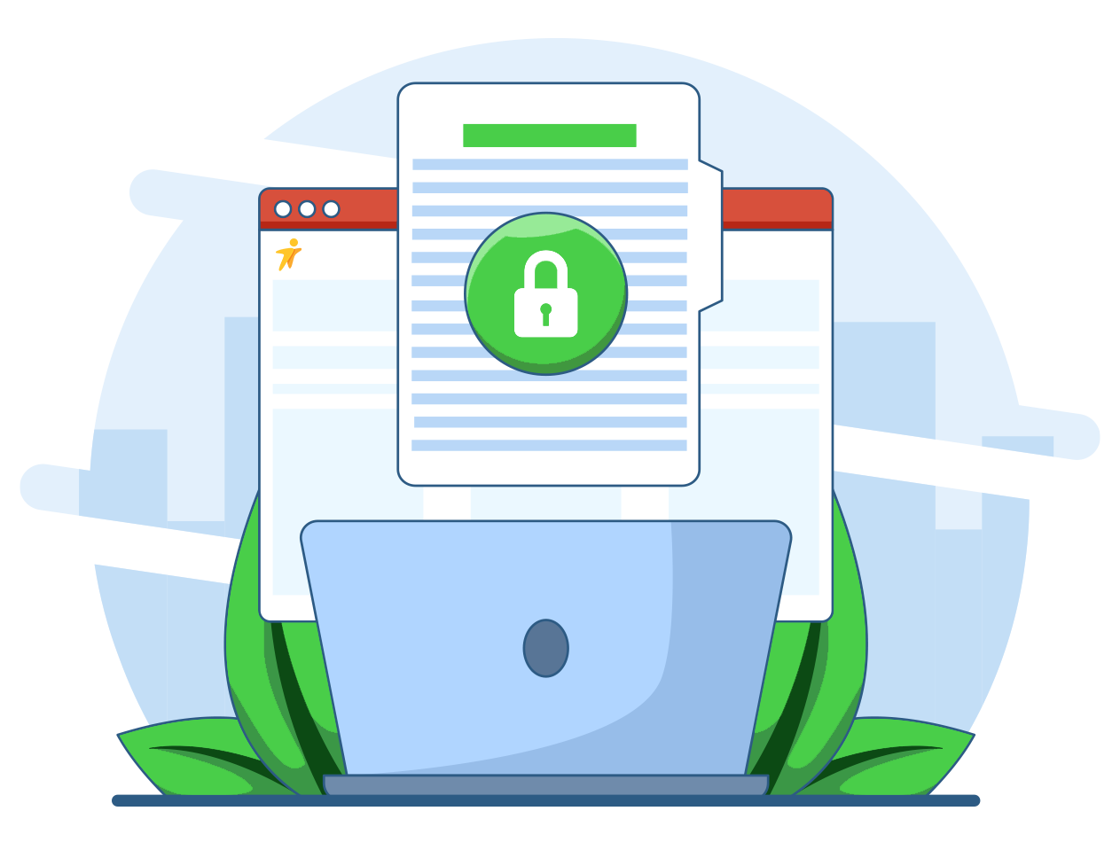 Laptop with a secure document and padlock icon on the screen, symbolizing data protection.