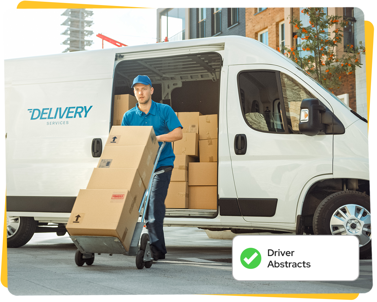 Delivery worker unloading packages from a white van.