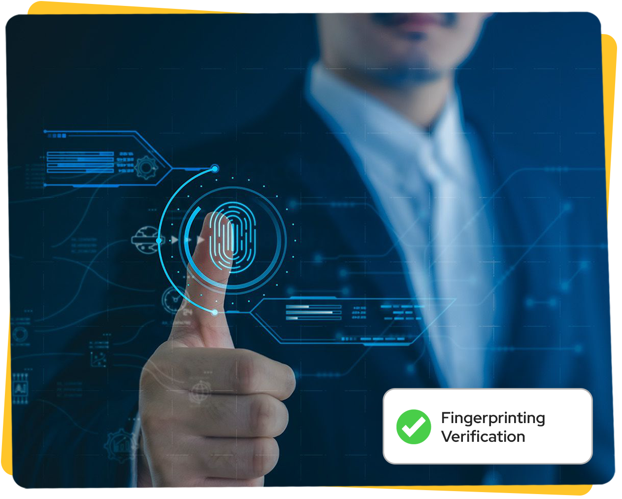 Man in suit using fingerprint verification technology. Digital overlay with successful checkmark.