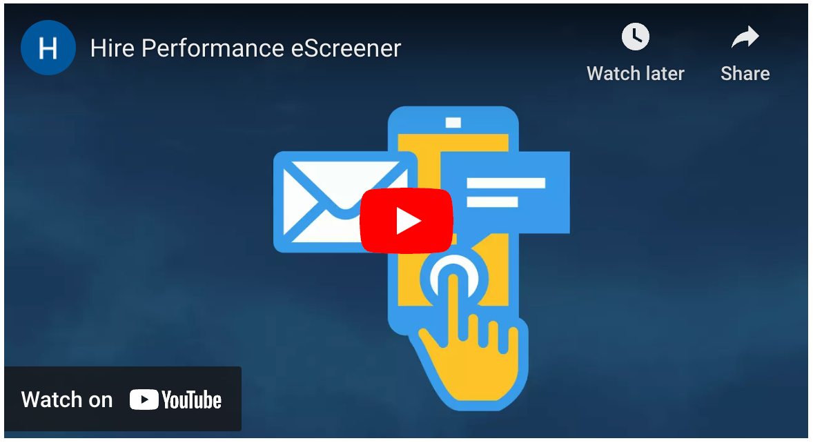 Hire Performance eScreener promotion: smartphone with email and chat icons, blue and yellow, on a dark blue background.