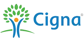 Cigna logo: Tree-like shape with a person inside, blue text 