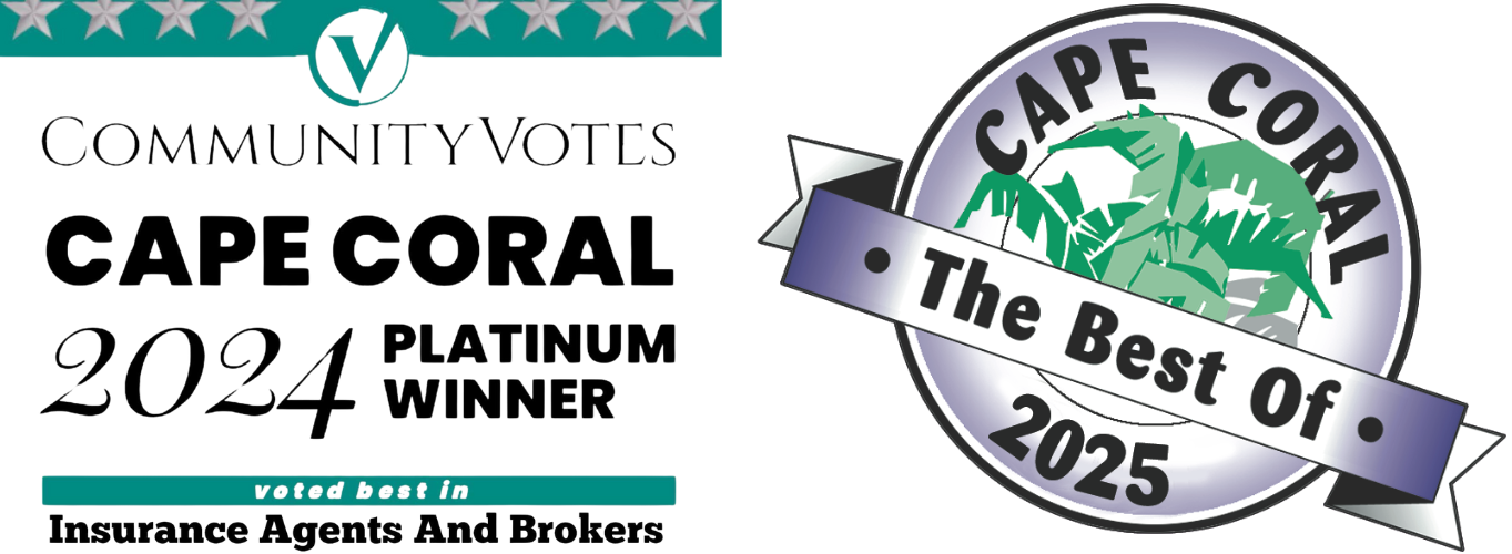 Community Votes Cape Coral Platinum Winner 2024 for Insurance Agents and Brokers;  Cape Coral Best of 2024 seal.