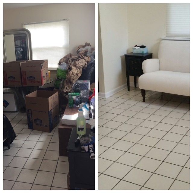 Before-and-after room: cluttered boxes and bags on left, clean tiled room with white chaise on right.