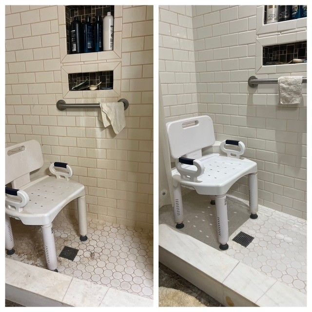 Accessible shower chair in a tiled bathroom, shown before and after installation on a raised shower floor.