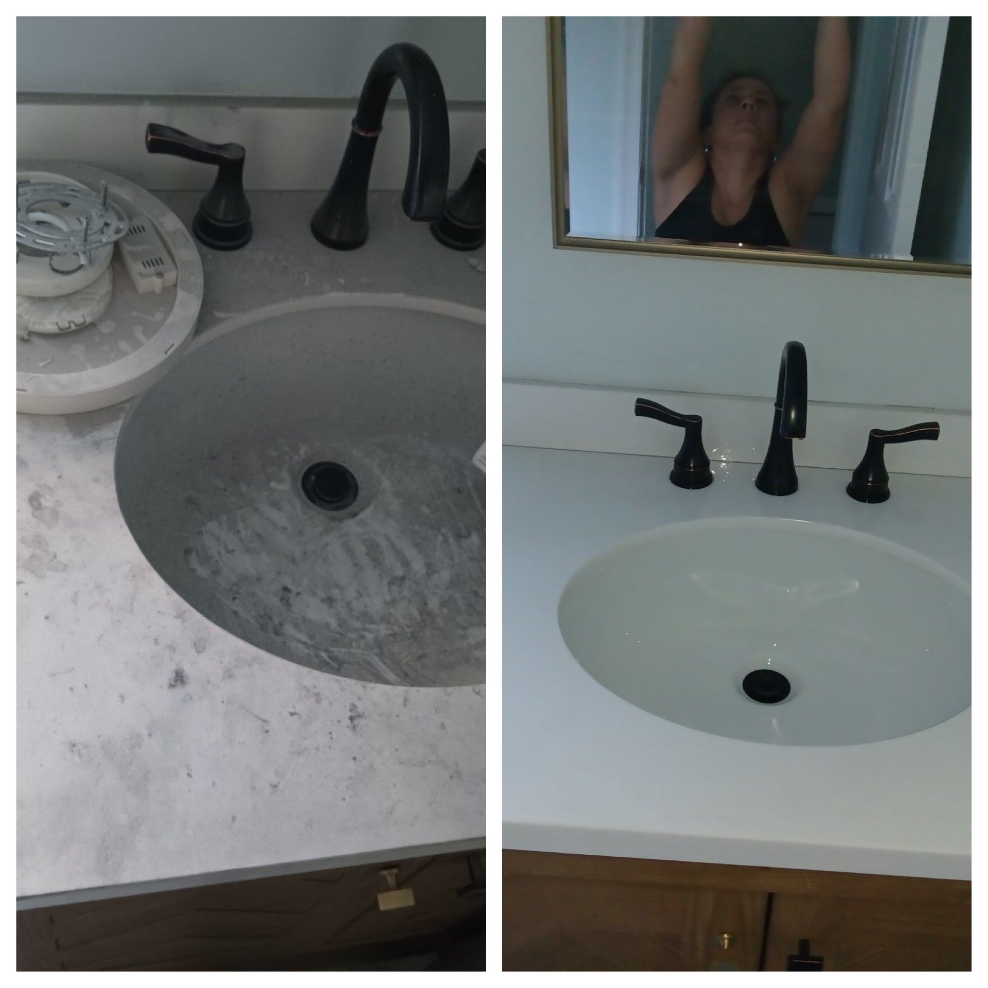 Bathroom sink before-and-after: old gray basin replaced with white sink and black faucet.