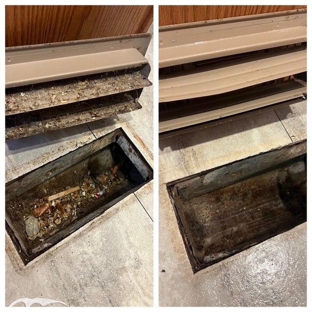 Dirty floor vent before and after cleaning, with debris removed and metal grate exposed