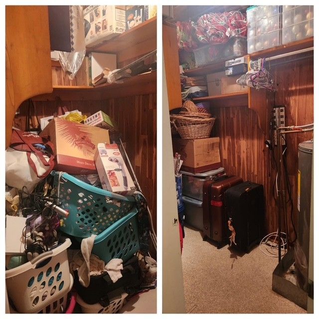 Cluttered pantry closet with stacked bins, boxes, and household items on shelves and floor