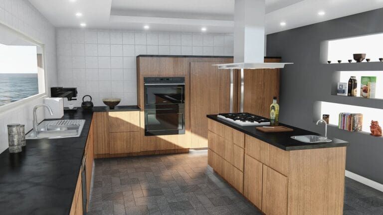 Modern kitchen with wood cabinets, black countertops, white walls, and built-in oven island