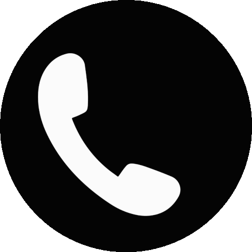 White telephone handset icon within a black circle.