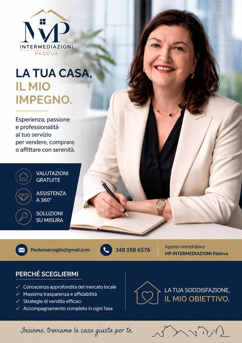 Manifesto promozionale con una donna sorridente in blazer beige, testo blu e oro e recapiti di un'agenzia immobiliare.