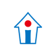 Logo blu a forma di casa con un cerchio rosso sopra una porta blu.