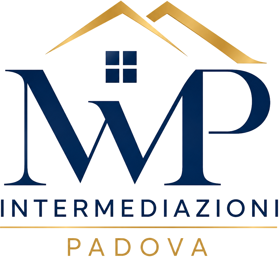 Logo di MVP Intermediazioni Padova in blu e oro con icona stilizzata di tetto e finestra.