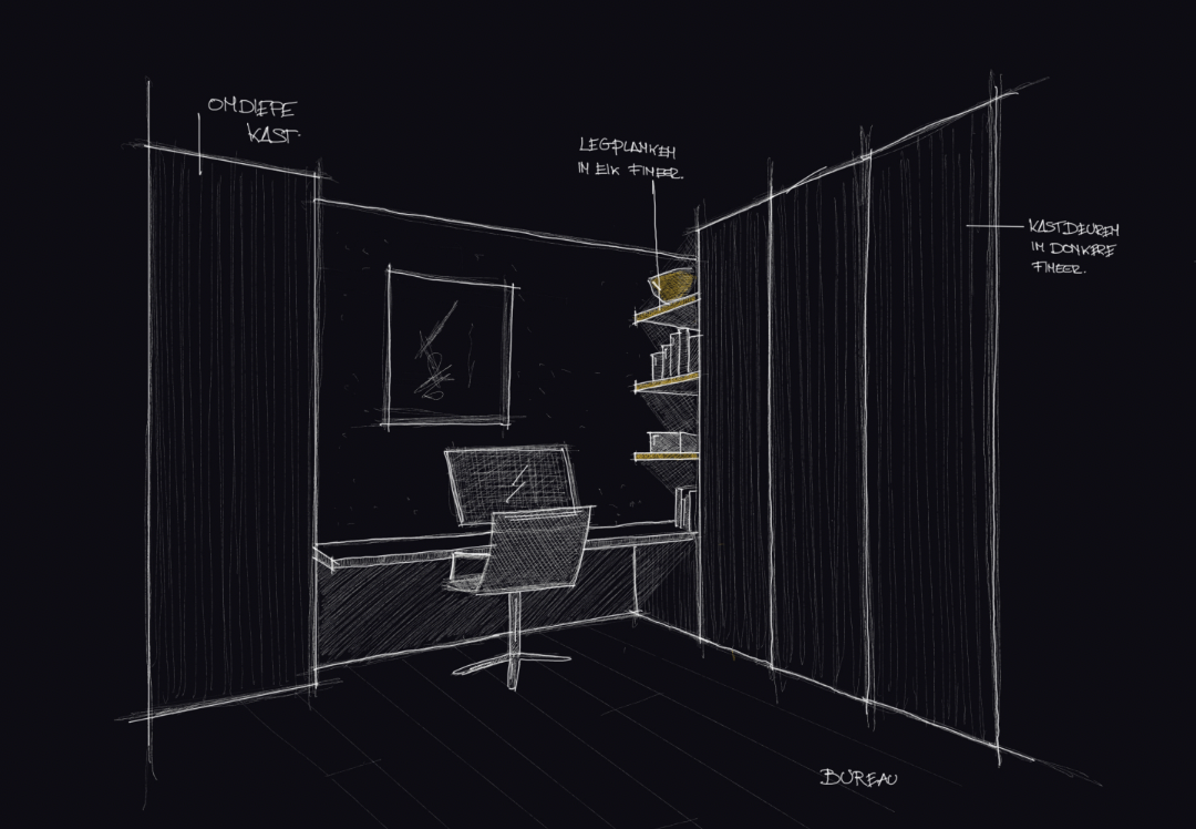 It is a drawing of a room with a desk and chair.