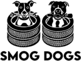 A black and white logo for Smog dogs with two dogs holding wrenches in their mouths.
