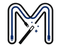 Stylized blue charging cable forming an M with sparkles and a plugged-in connector.