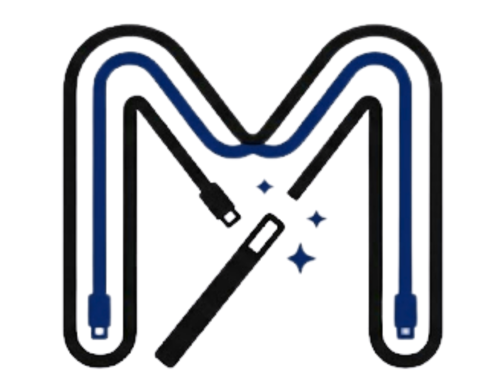 Stylized blue charging cable forming an M with sparkles and a plugged-in connector.