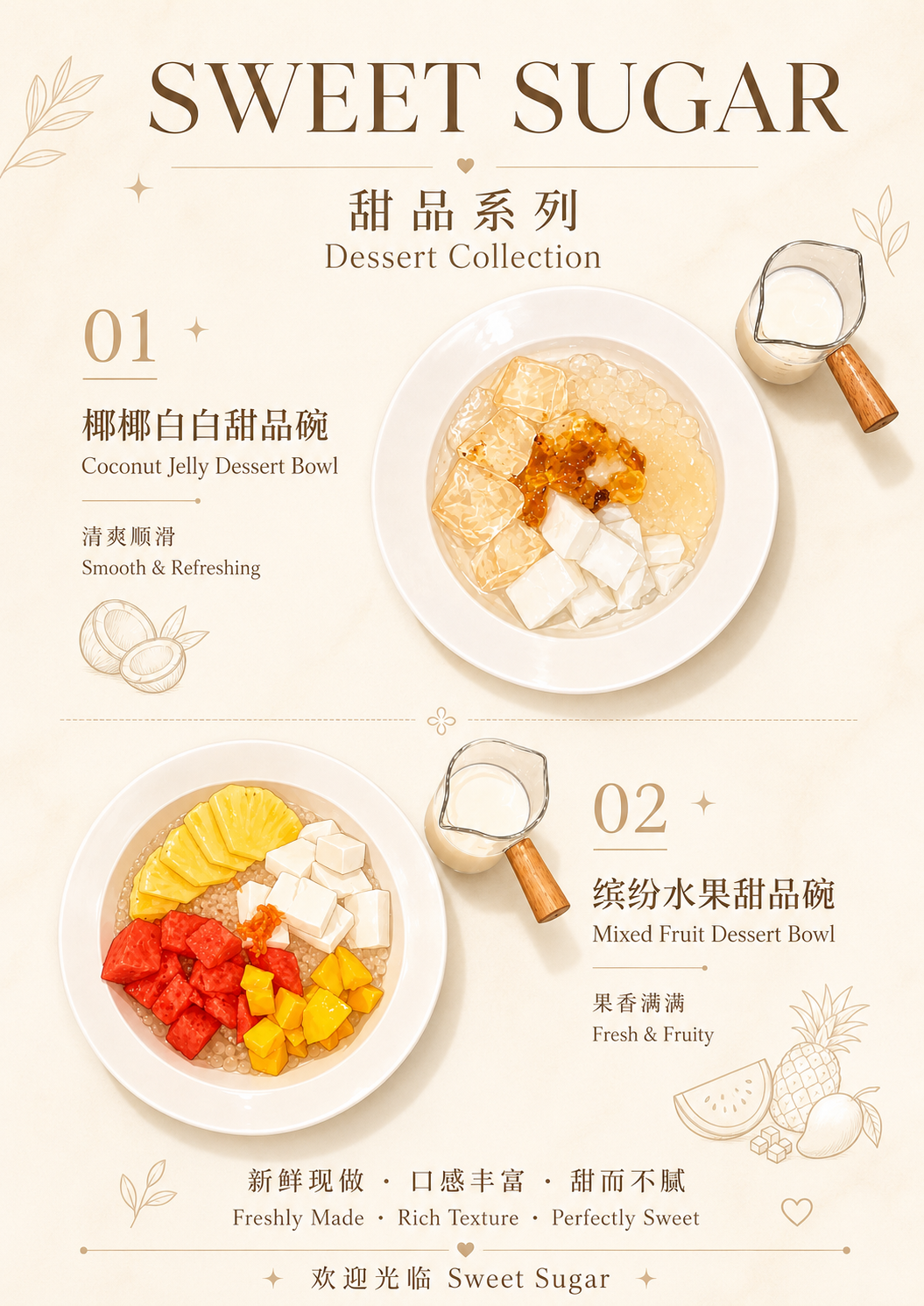 Sweet Sugar dessert menu poster with two colorful dessert bowls on a cream background.