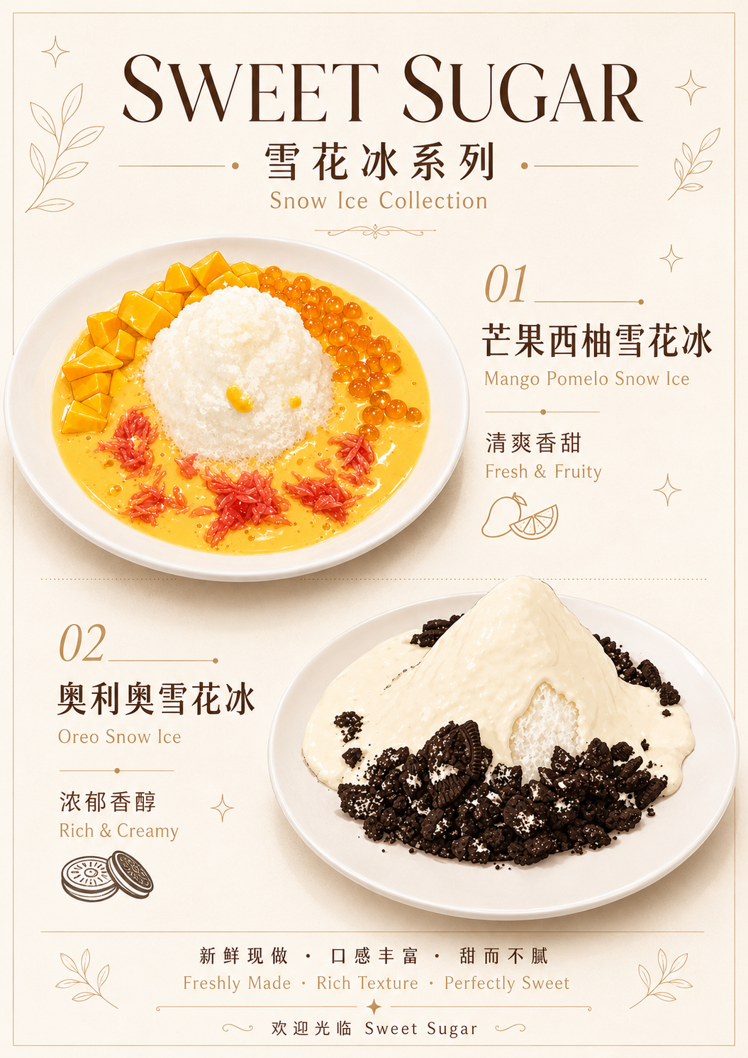 Sweet Sugar dessert ad with two shaved-ice bowls: mango and black sesame toppings, in cream and orange tones