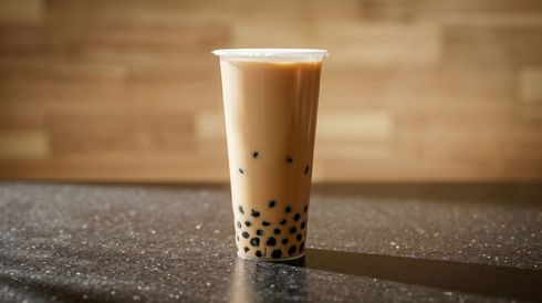 Tall cup of bubble tea with black tapioca pearls on a dark tabletop against a wooden background