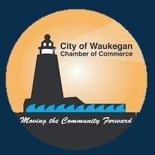 City of Waukegan Chamber of Commerce logo with lighthouse and “Moving the Community Forward” slogan