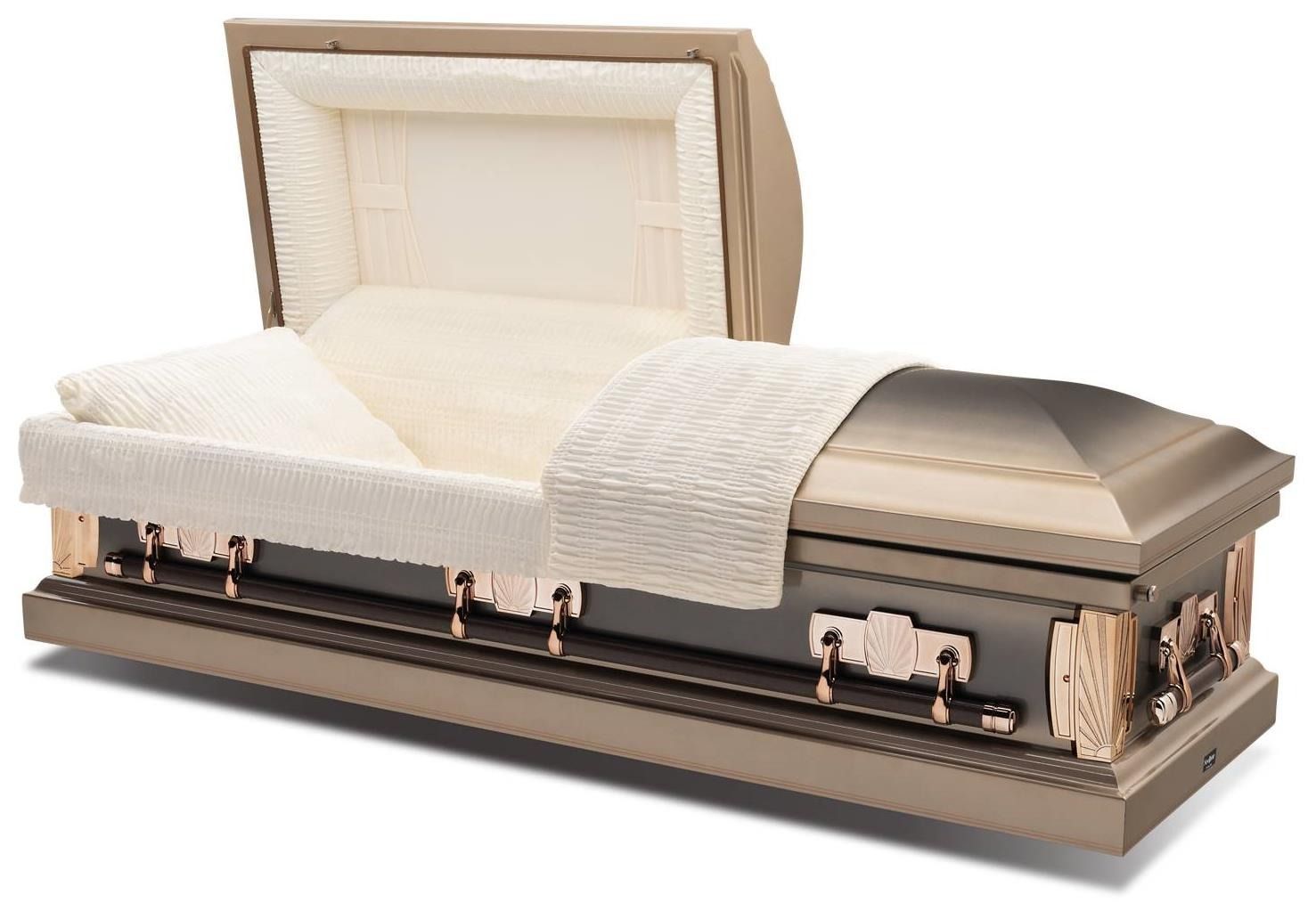 Open casket showing a beige-lined interior and folded white quilt on a dark wooden base.