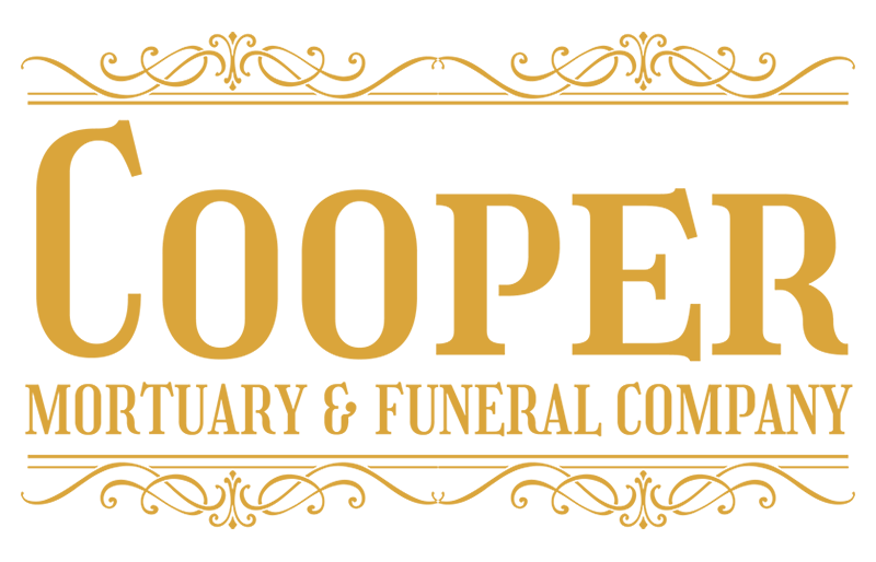 Gold &ldquo;Cooper Mortuary & Funeral Company&rdquo; logo with ornate decorative flourishes on a white background